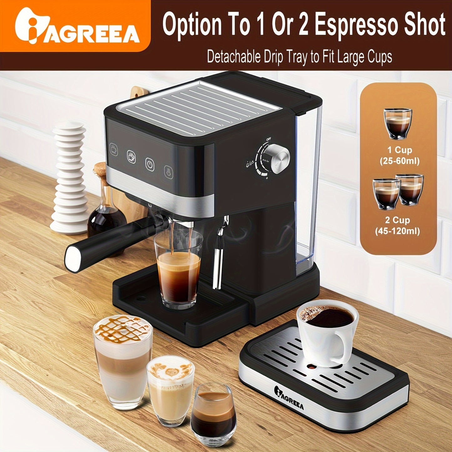 IAGREEA 20 Bar Pressure Coffee Machine, 1.5 Liter/50 Ounce Removable Water Tank, 1050 Watt Semi-automatic Espresso/latte/cappuccino Coffee Machine, Suitable For Home Baristas, Office (US Standard)