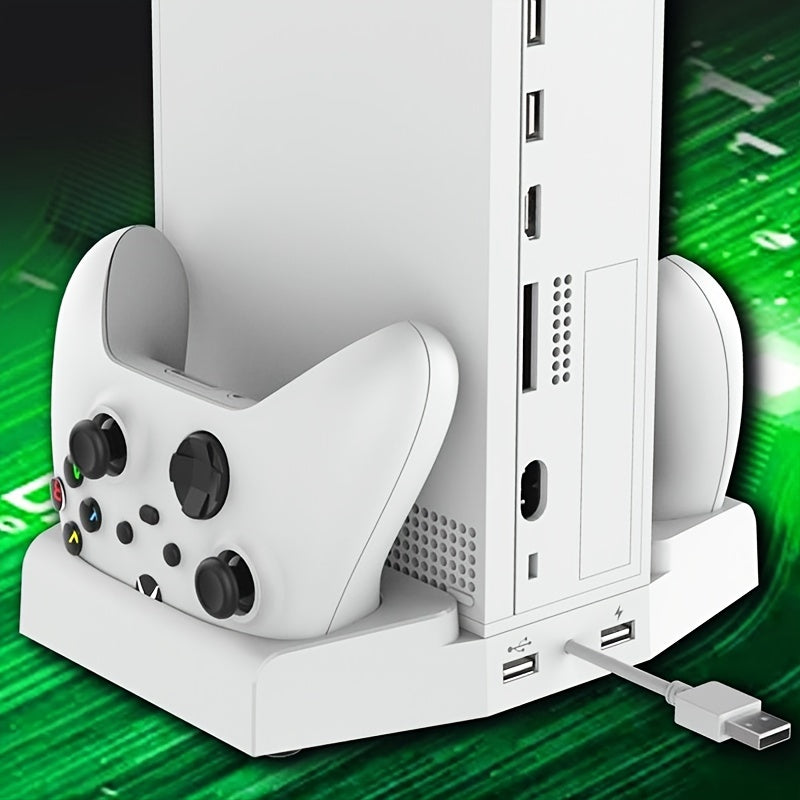 PERFFIER Xbox Series S Cooling Stand with High-Performance Fan - All-in-One Charging Dock for Controllers, Headset Holder - Effortless Charging, Efficient Cooler System, Stylish White