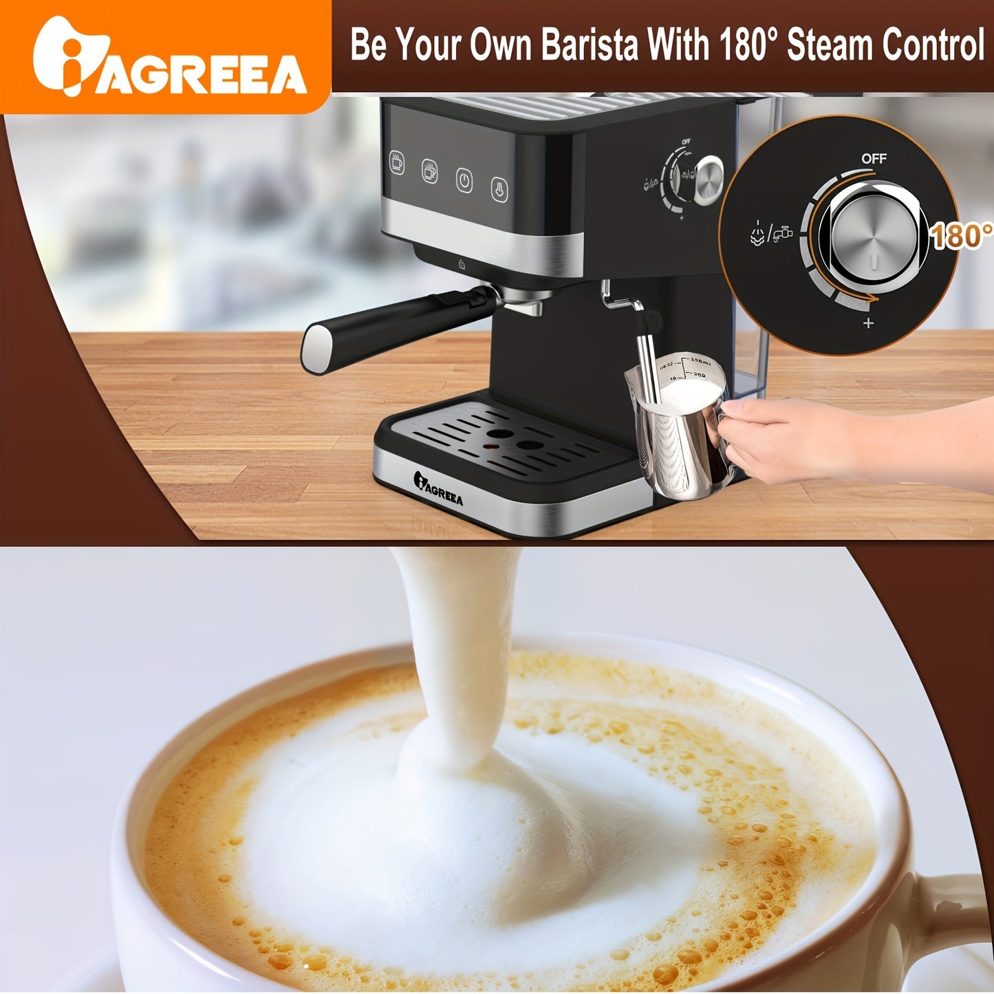 IAGREEA 20 Bar Pressure Coffee Machine, 1.5 Liter/50 Ounce Removable Water Tank, 1050 Watt Semi-automatic Espresso/latte/cappuccino Coffee Machine, Suitable For Home Baristas, Office (US Standard)