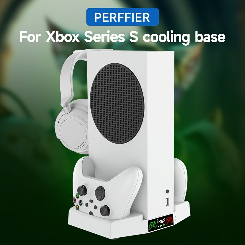 PERFFIER Xbox Series S Cooling Stand with High-Performance Fan - All-in-One Charging Dock for Controllers, Headset Holder - Effortless Charging, Efficient Cooler System, Stylish White