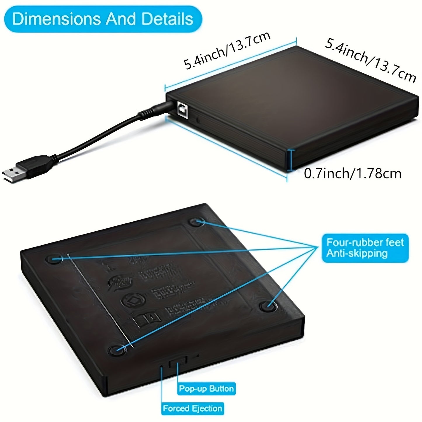 Portable USB 2.0 External CD DVD Drive - Slim CD-RW Drive with DVD-RW Burner, Writer, and Player for Laptop, Notebook, PC, and Desktop Computer - Plug and Play, High-Speed Data Transfer, and Compatible with Windows and Mac