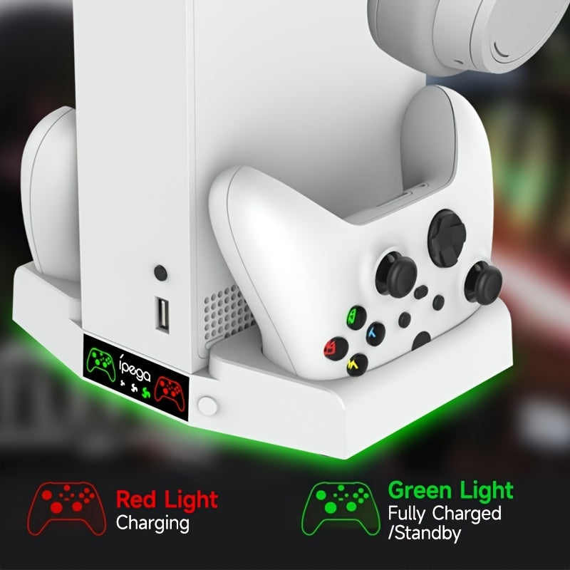PERFFIER Xbox Series S Cooling Stand with High-Performance Fan - All-in-One Charging Dock for Controllers, Headset Holder - Effortless Charging, Efficient Cooler System, Stylish White