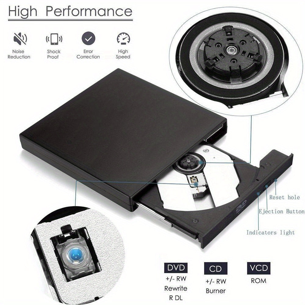 Portable USB 2.0 External CD DVD Drive - Slim CD-RW Drive with DVD-RW Burner, Writer, and Player for Laptop, Notebook, PC, and Desktop Computer - Plug and Play, High-Speed Data Transfer, and Compatible with Windows and Mac