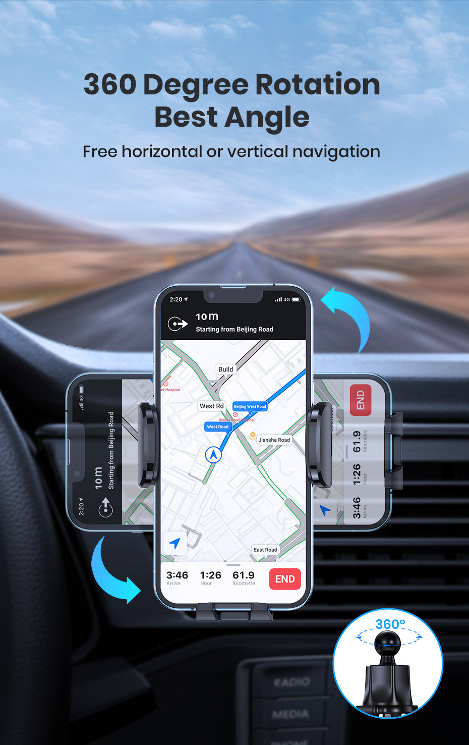 TOPK Waterproof Car Phone Holder Mount - Adjustable 360° Rotation, ABS Material, Rectangle Shape | Auto Air Vent Hook Clip