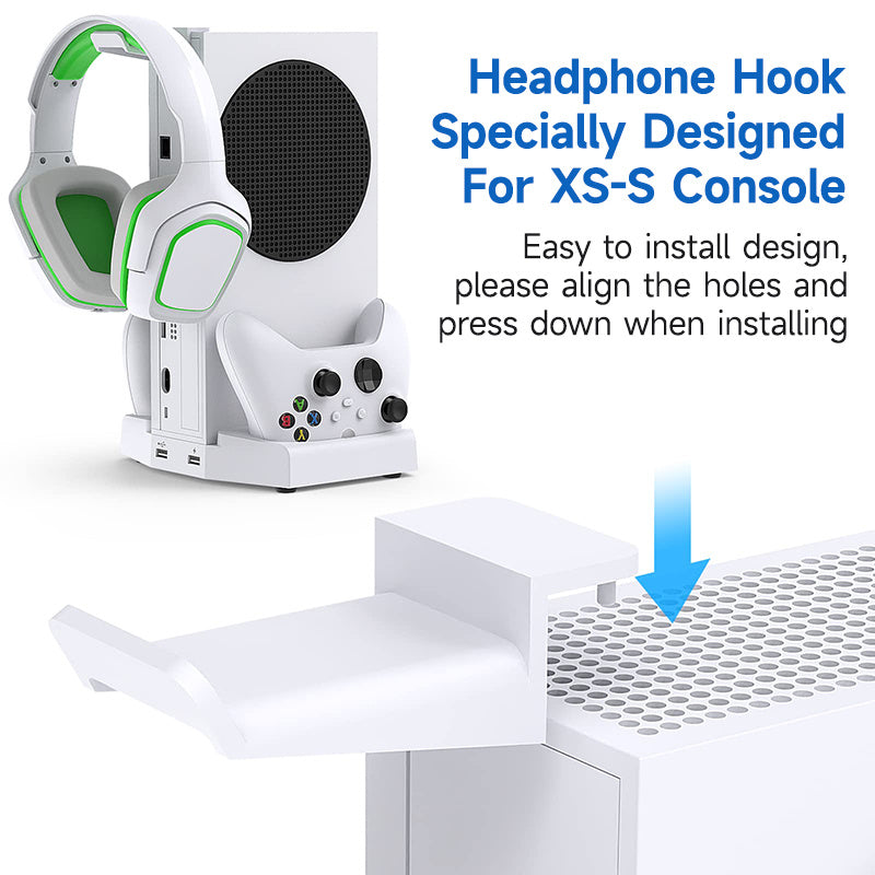 PERFFIER Xbox Series S Cooling Stand with High-Performance Fan - All-in-One Charging Dock for Controllers, Headset Holder - Effortless Charging, Efficient Cooler System, Stylish White