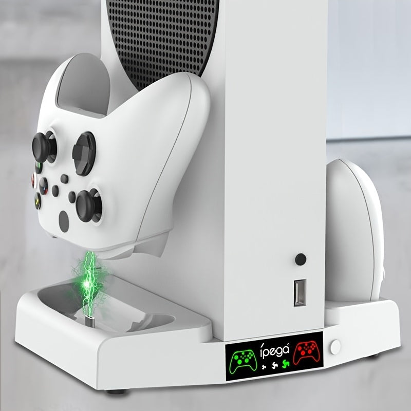 PERFFIER Xbox Series S Cooling Stand with High-Performance Fan - All-in-One Charging Dock for Controllers, Headset Holder - Effortless Charging, Efficient Cooler System, Stylish White