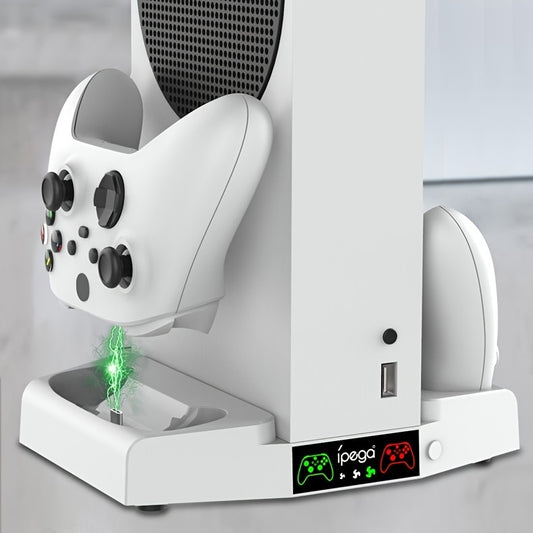 PERFFIER Xbox Series S Cooling Stand with High-Performance Fan - All-in-One Charging Dock for Controllers, Headset Holder - Effortless Charging, Efficient Cooler System, Stylish White