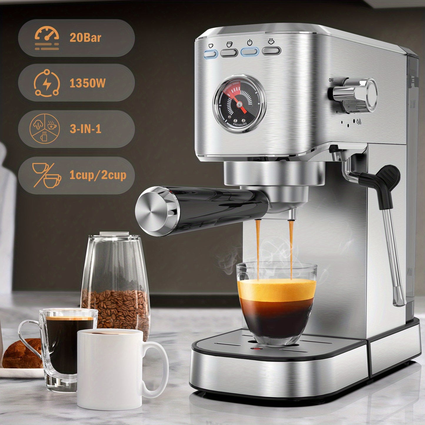 IAGREEA 20 Bar Pressure Coffee Machine, 1.5 Liter/50 Ounce Removable Water Tank, 1050 Watt Semi-automatic Espresso/latte/cappuccino Coffee Machine, Suitable For Home Baristas, Office (US Standard)