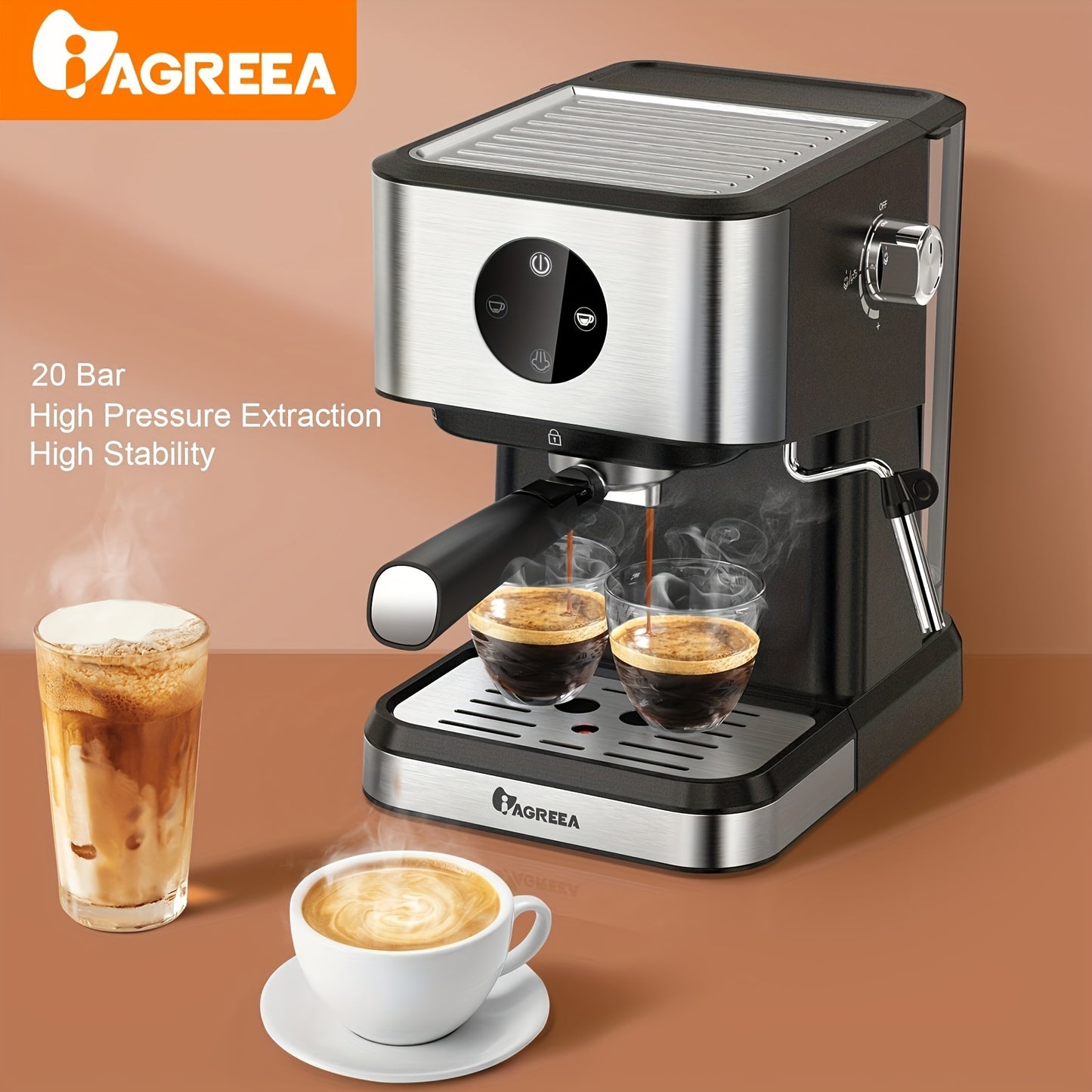 IAGREEA 20 Bar Pressure Coffee Machine, 1.5 Liter/50 Ounce Removable Water Tank, 1050 Watt Semi-automatic Espresso/latte/cappuccino Coffee Machine, Suitable For Home Baristas, Office (US Standard)