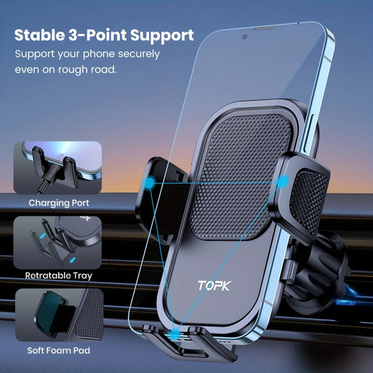 TOPK Waterproof Car Phone Holder Mount - Adjustable 360° Rotation, ABS Material, Rectangle Shape | Auto Air Vent Hook Clip