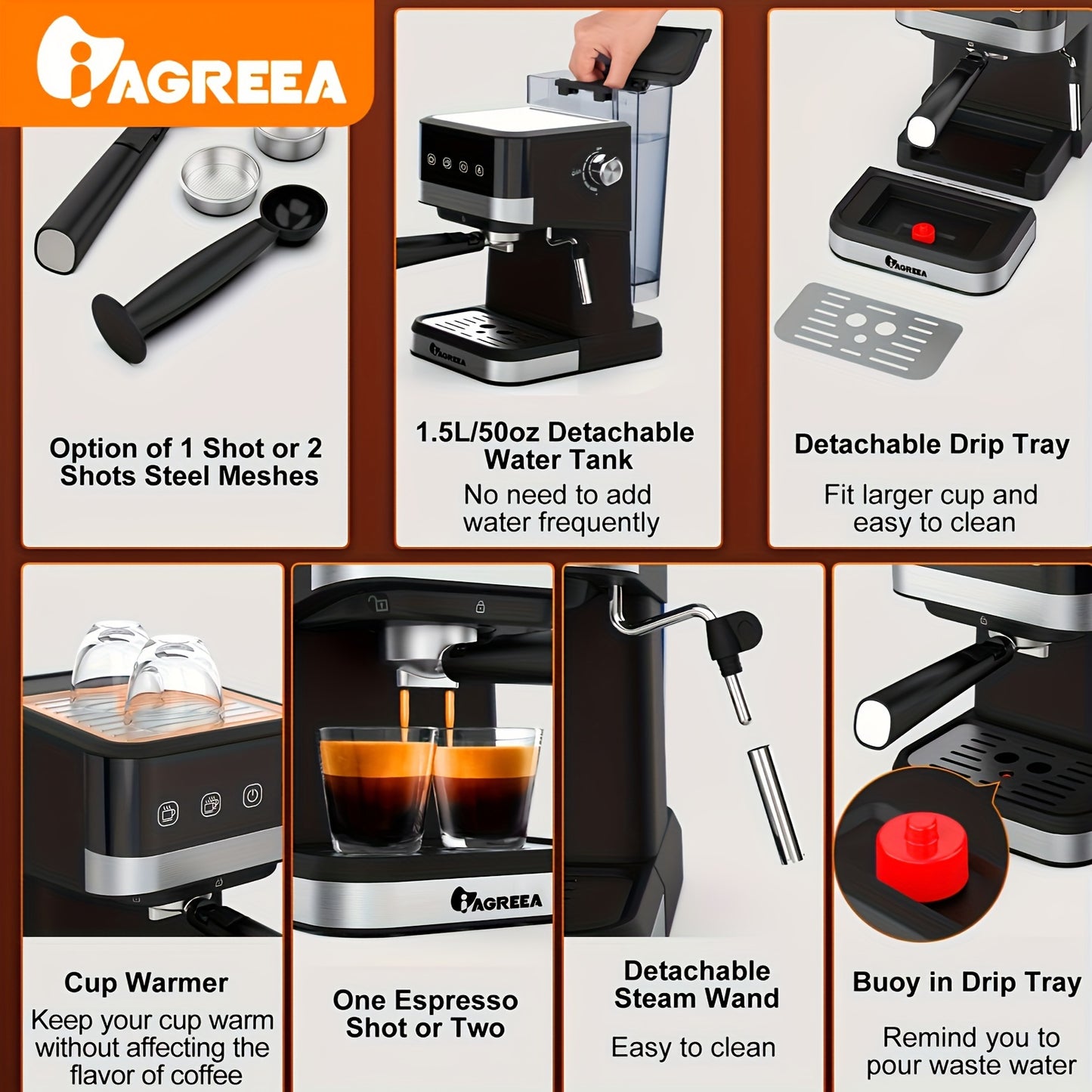 IAGREEA 20 Bar Pressure Coffee Machine, 1.5 Liter/50 Ounce Removable Water Tank, 1050 Watt Semi-automatic Espresso/latte/cappuccino Coffee Machine, Suitable For Home Baristas, Office (US Standard)