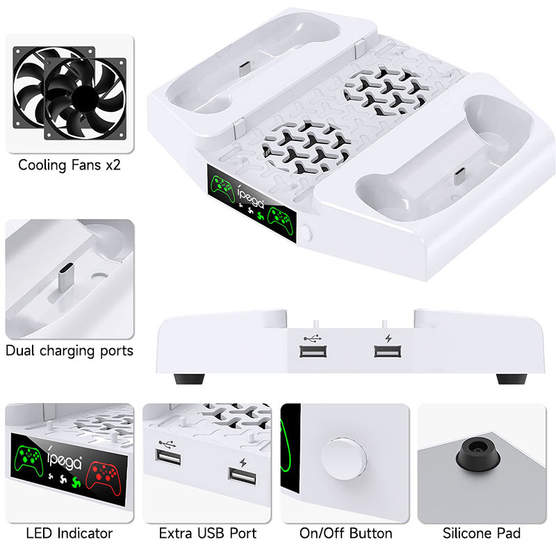 PERFFIER Xbox Series S Cooling Stand with High-Performance Fan - All-in-One Charging Dock for Controllers, Headset Holder - Effortless Charging, Efficient Cooler System, Stylish White